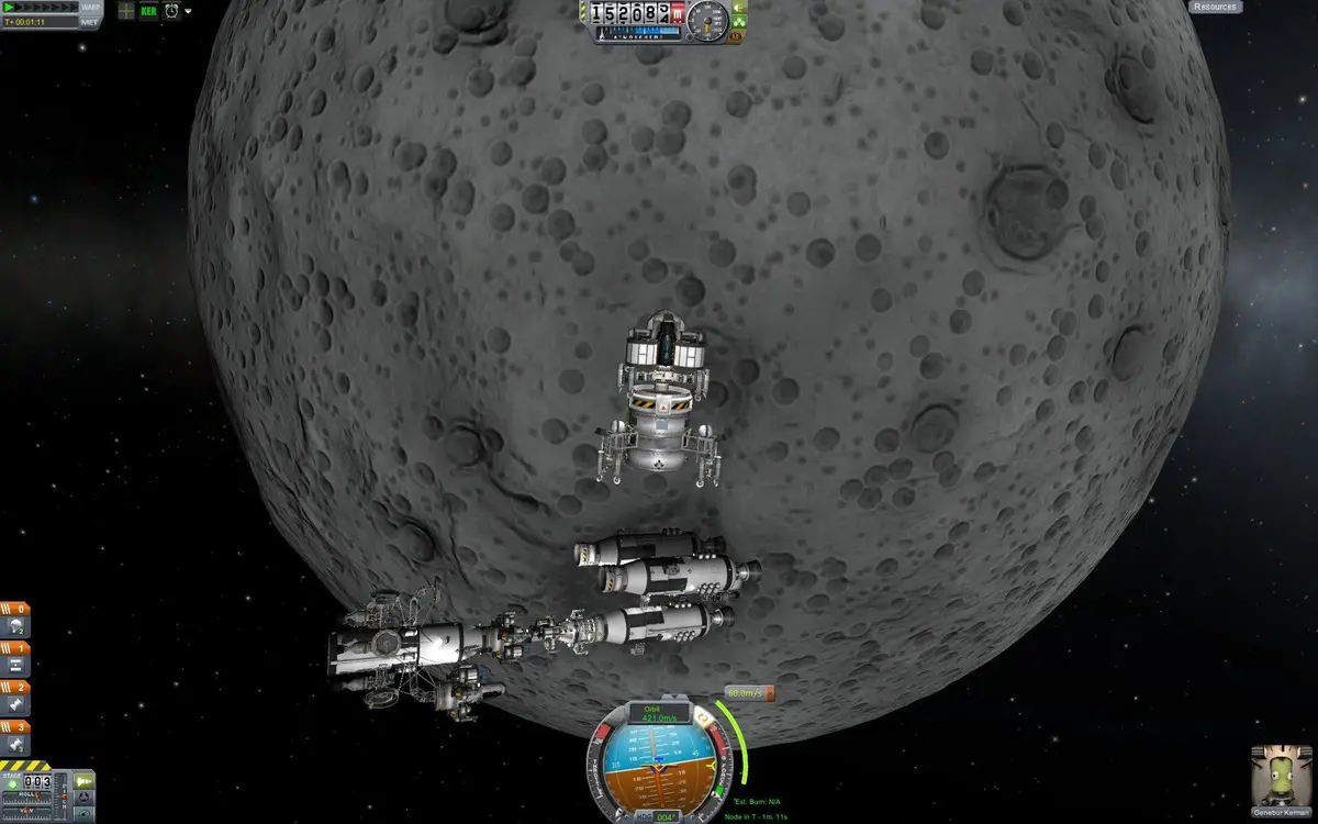 A screenshot from the space simulation game Kerbal Space Program shows a spacecraft hovering near a large, cratered moon…