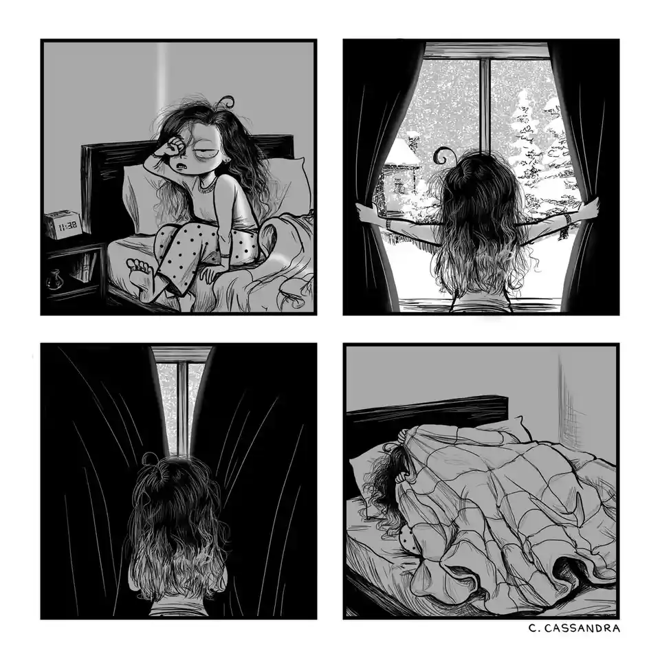 A four-panel black-and-white comic strip shows a tired girl in bed at 11:38, looking out a window at snow, then pulling the…