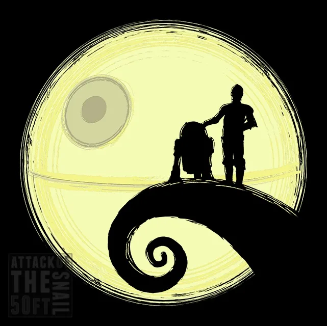 A silhouette of a human-like figure and a droid standing atop a spiral hill against a large, stylized yellow moon with a…
