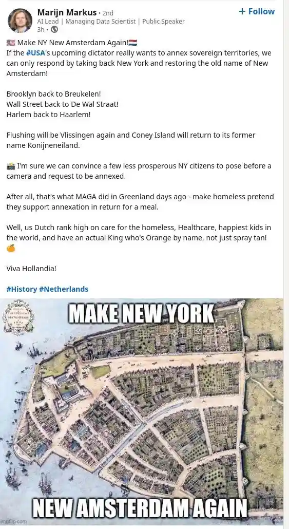 An image of a historical map of New Amsterdam overlaid with large white text reading 'MAKE NEW YORK NEW AMSTERDAM AGAIN'…