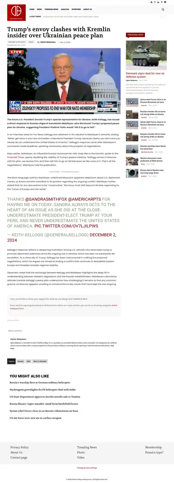 A screenshot of a Defence Blog article about Keith Kellogg's interview on Fox News, where he responds to Russian oligarch…