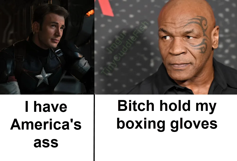 The image is a split-screen meme. On the left, Captain America (Chris Evans) looks serious and slightly smug. On the right…