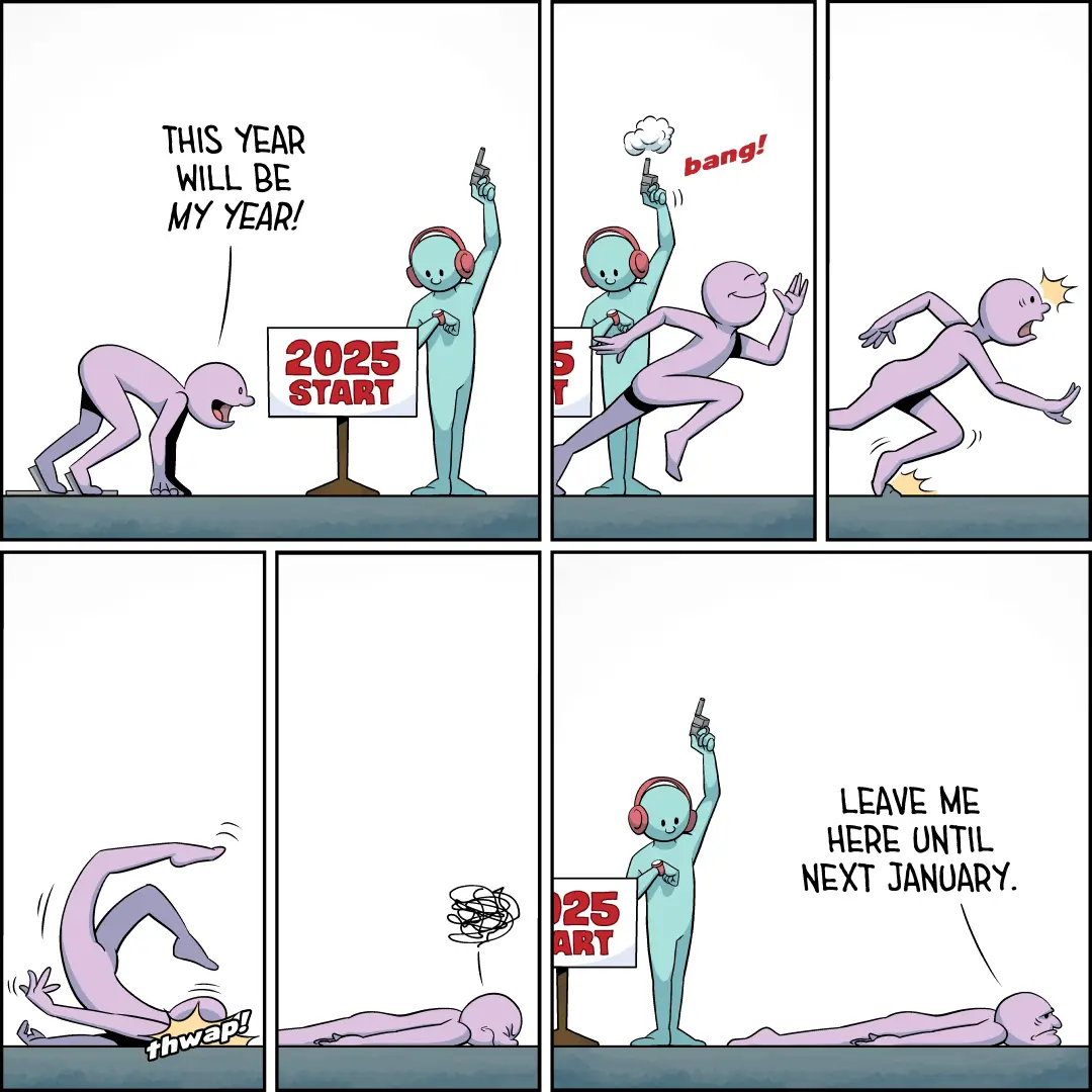 A six-panel comic strip shows a purple humanoid runner preparing for a race labeled '2025 START'. An official in headphones…