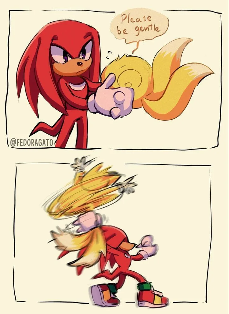 Two-panel comic: top panel shows Knuckles holding Tails gently with a speech bubble saying 'Please be gentle'. Bottom panel…