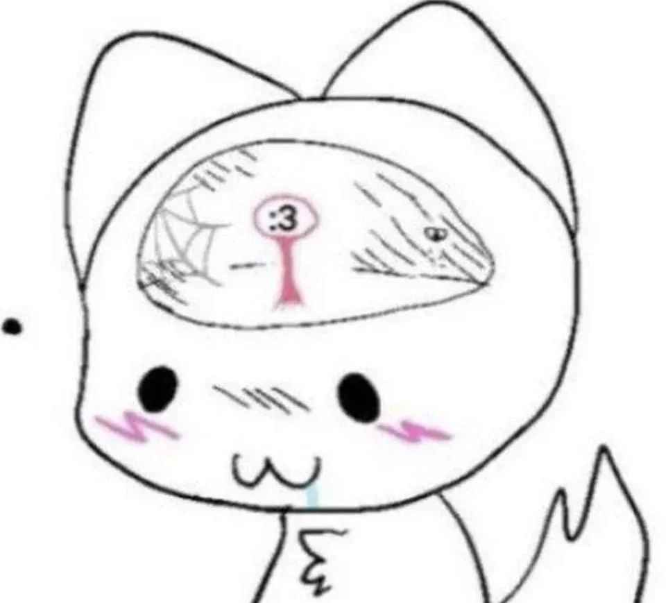 A simple black-and-white cartoon drawing of a cute, chibi-style cat with a sad, teary expression, blushing cheeks, and a…