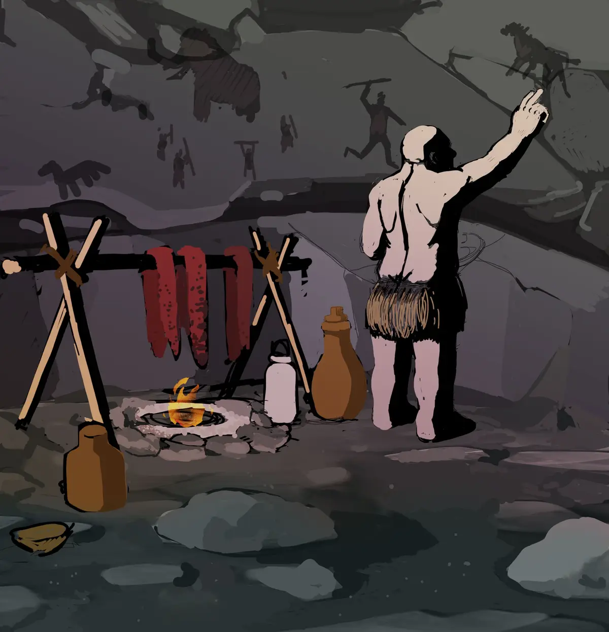An illustration depicts a muscular, shirtless caveman with a grass skirt standing in a cave, pointing at ancient rock…