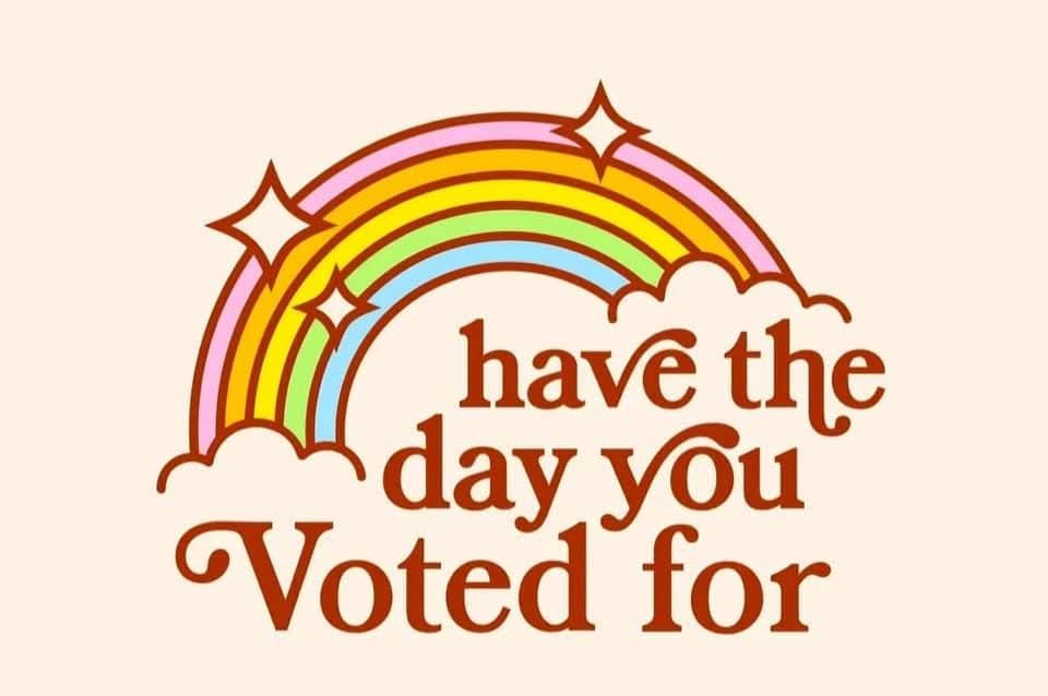 A retro-style illustration features a colorful rainbow with sparkles and clouds, set against a light beige background. The…