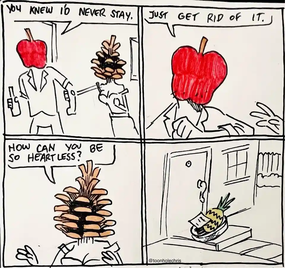 A four-panel comic strip shows two characters with fruit heads: one with an apple and one with a pinecone. The apple-headed…
