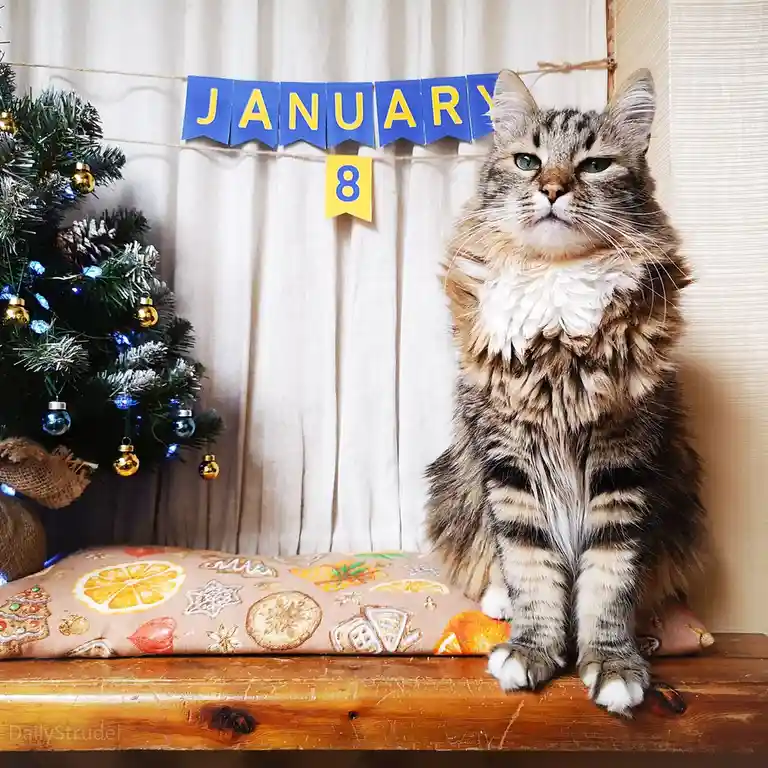 A fluffy tabby cat with a stern, unimpressed expression sits upright on a wooden surface, positioned in front of a small…
