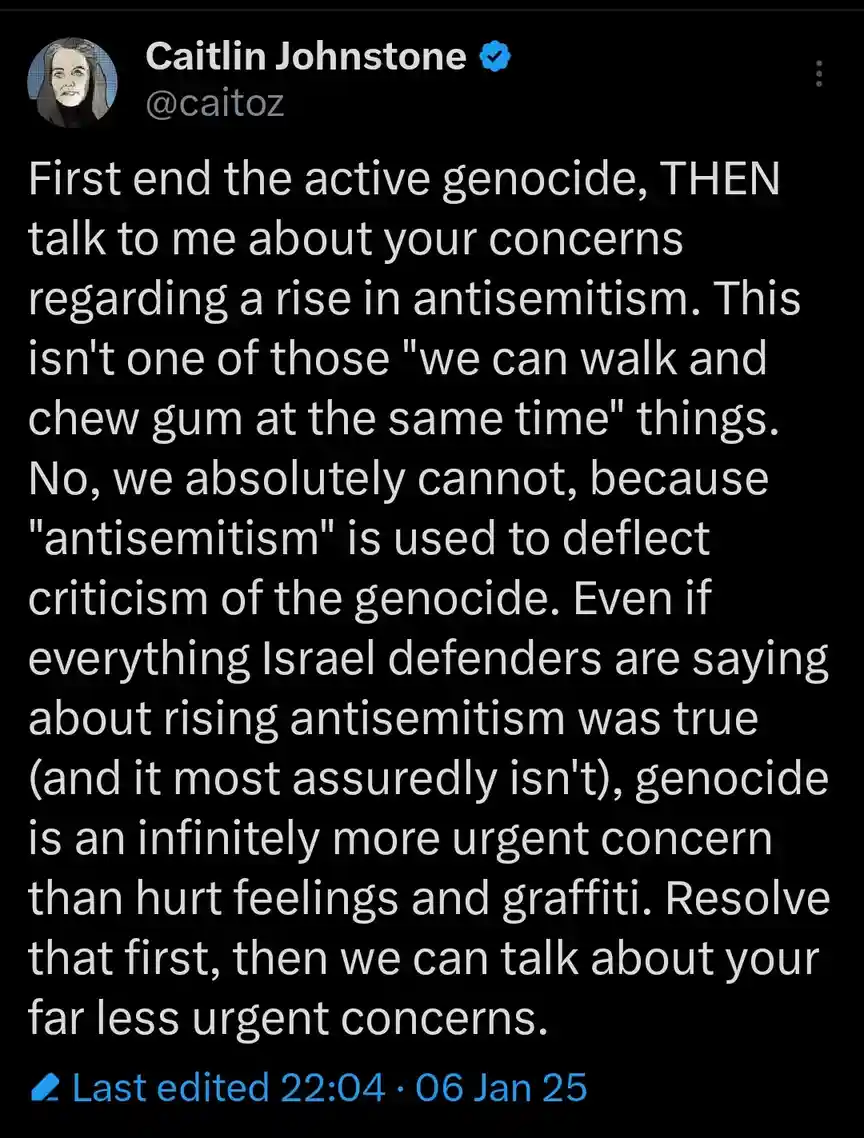 A screenshot of a tweet by Caitlin Johnstone (@caitoz) with a black background and white text. The tweet argues that ending…