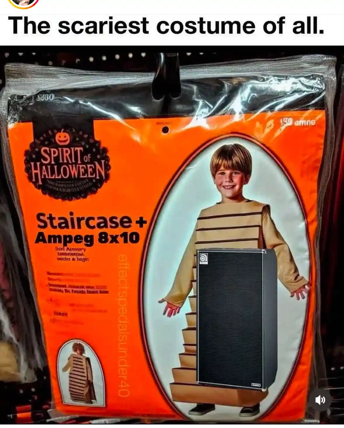 A Halloween costume package from 'Spirit of Halloween' shows a smiling boy in a striped outfit with a large black speaker…