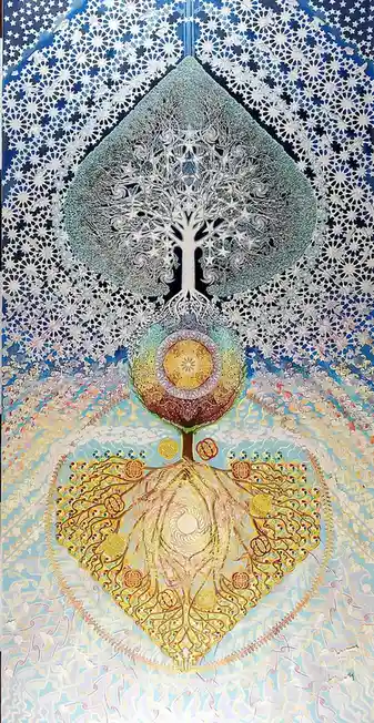 A vertically oriented, highly detailed, symmetrical artwork depicts a stylized tree with intricate branches and roots, set…
