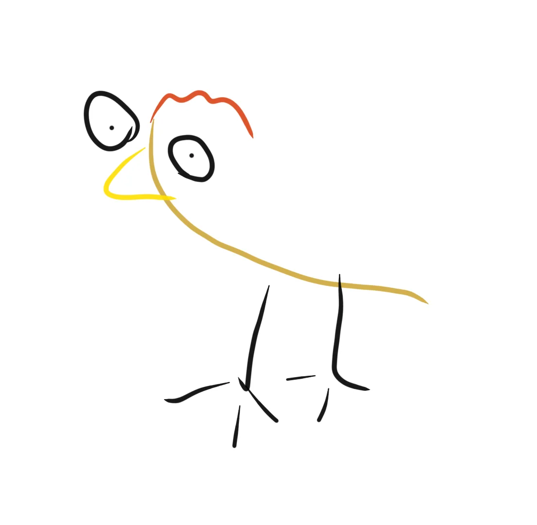 A simple, crudely drawn cartoon chicken with large round eyes, a yellow beak, orange comb, and stick-like legs stands…