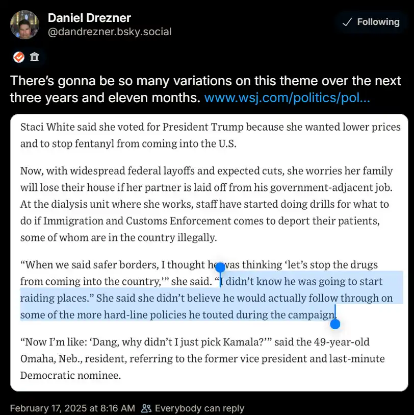 A screenshot of a social media post by Daniel Drezner showing a quote from Staci White, a Trump voter who now regrets her…