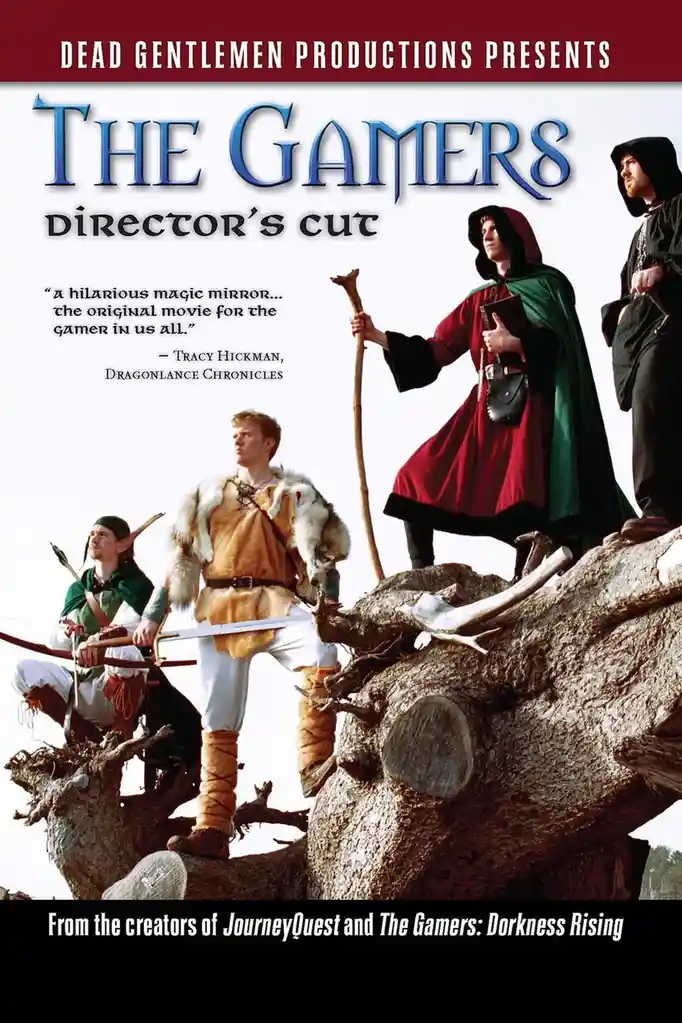 This image is a movie poster parody for 'The Gamers: Director's Cut,' featuring four men in fantasy costumes standing atop a…