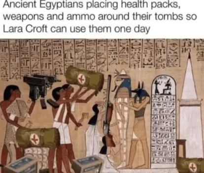 An ancient Egyptian tomb scene with hieroglyphs on the walls, showing figures carrying modern video game items like health…