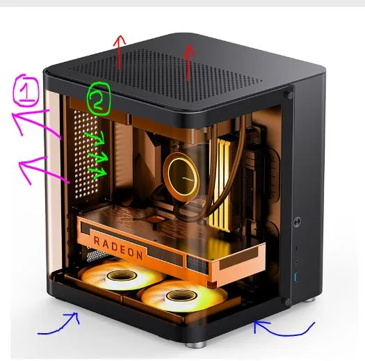A black computer case with a transparent side panel showing internal components, including a glowing Radeon graphics card…