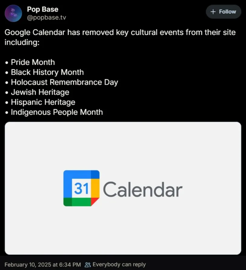 A screenshot of a social media post from 'Pop Base' shows a list of cultural events allegedly removed from Google Calendar…
