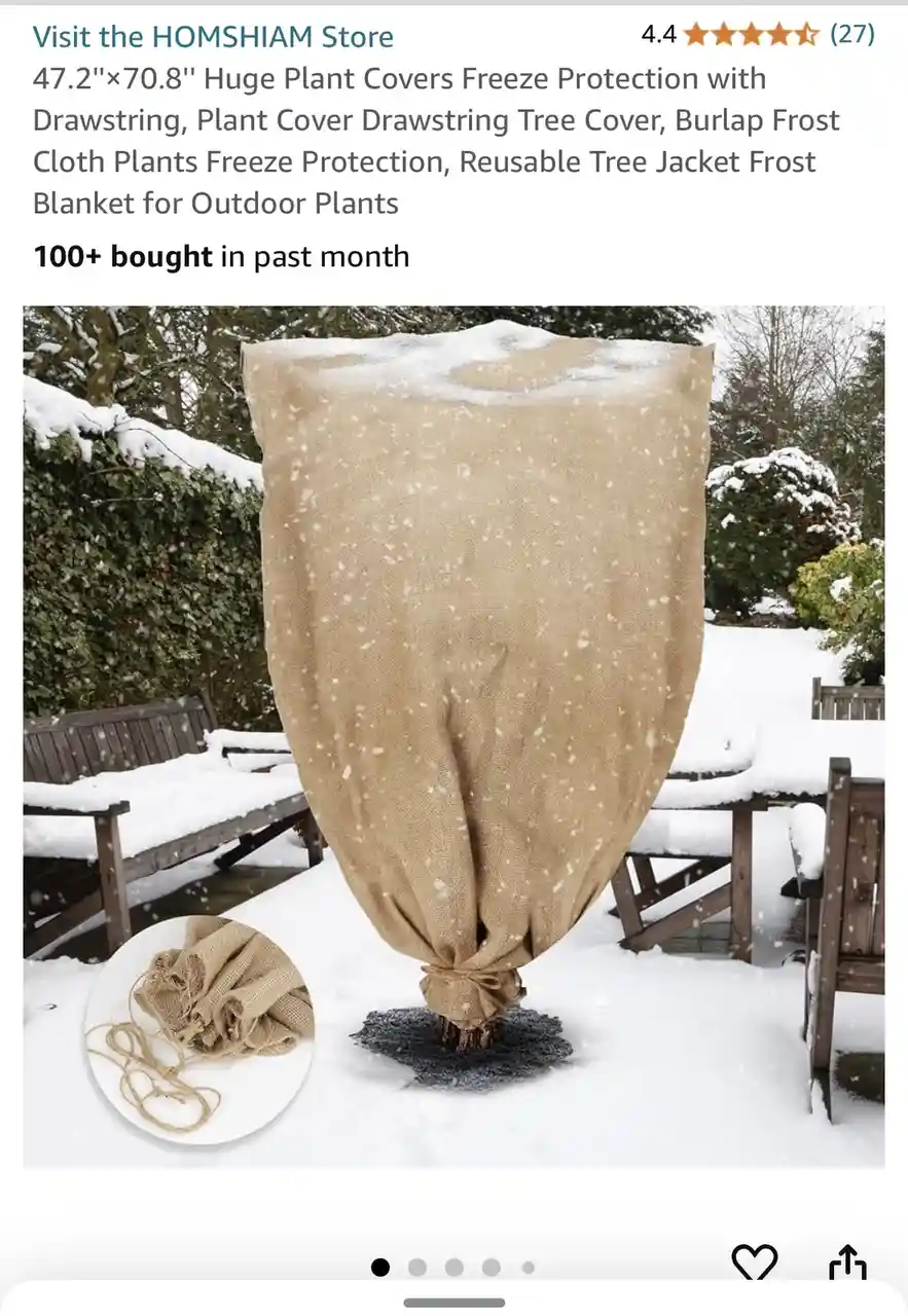 A product listing image shows a tree wrapped in a large burlap sack, covered in snow, with snow falling around it. The text…