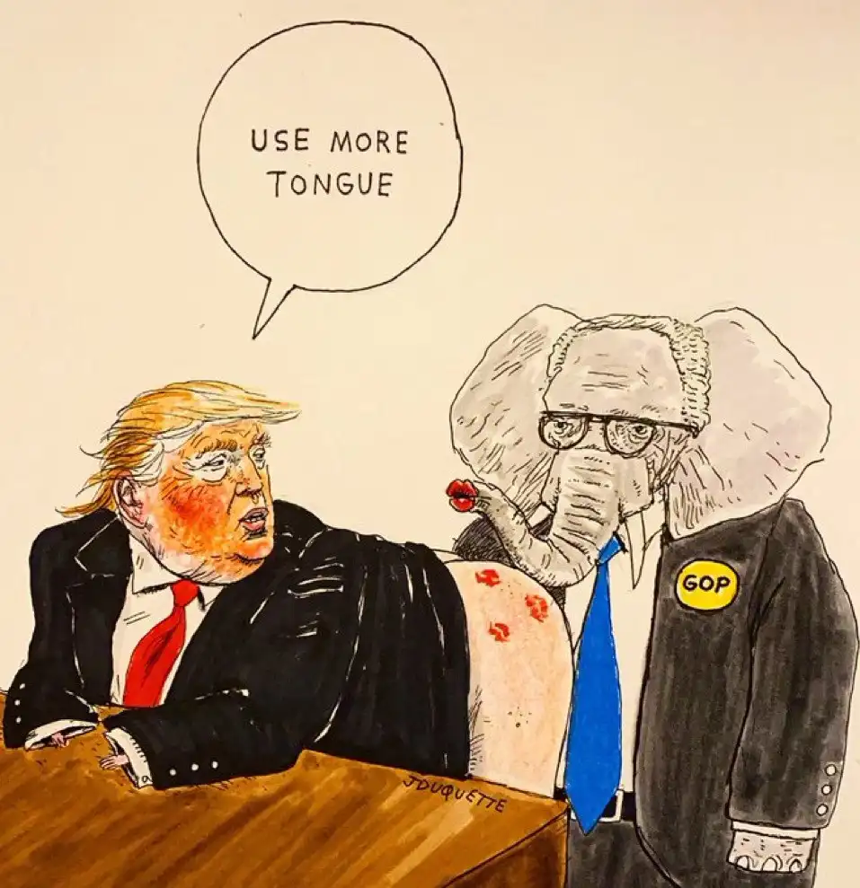 A cartoon depicts Donald Trump seated at a desk with his back to the viewer, showing red bite marks on his shoulder…