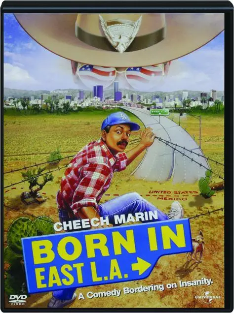 A DVD cover for the movie 'Born in East L.A.' starring Cheech Marin, showing him in a red plaid shirt and blue cap, leaning…