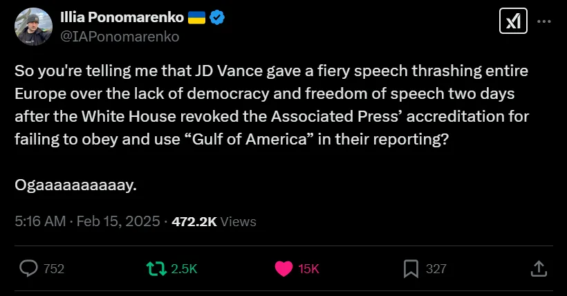 A screenshot of a tweet by Illia Ponomarenko showing a sarcastic reaction to JD Vance's speech criticizing Europe's…