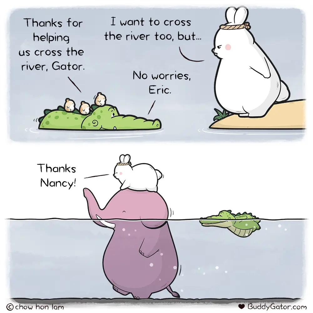 A two-panel cartoon shows a white rabbit thanking a green alligator for helping its three baby friends cross a river. The…
