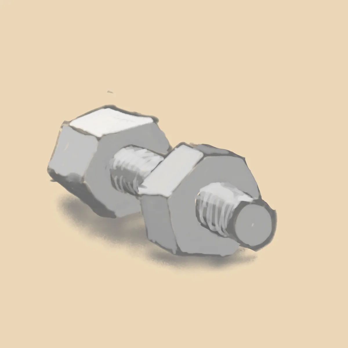 A stylized, gray, hand-drawn illustration of a single dumbbell lying on a plain beige background, casting a soft shadow. The…