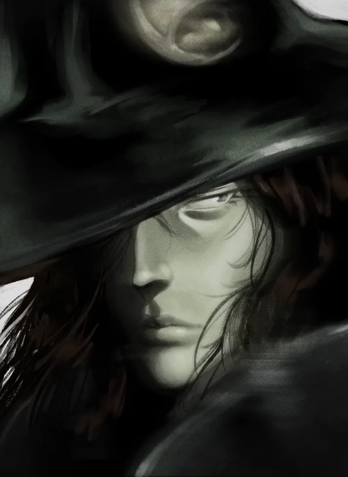 A dark, moody digital painting shows a person with long hair wearing a wide-brimmed hat that casts deep shadows over their…