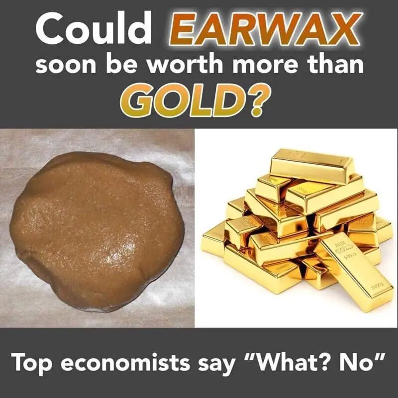 The image is split into two panels: the left shows a large, brown, glistening mass of earwax on parchment paper, and the…