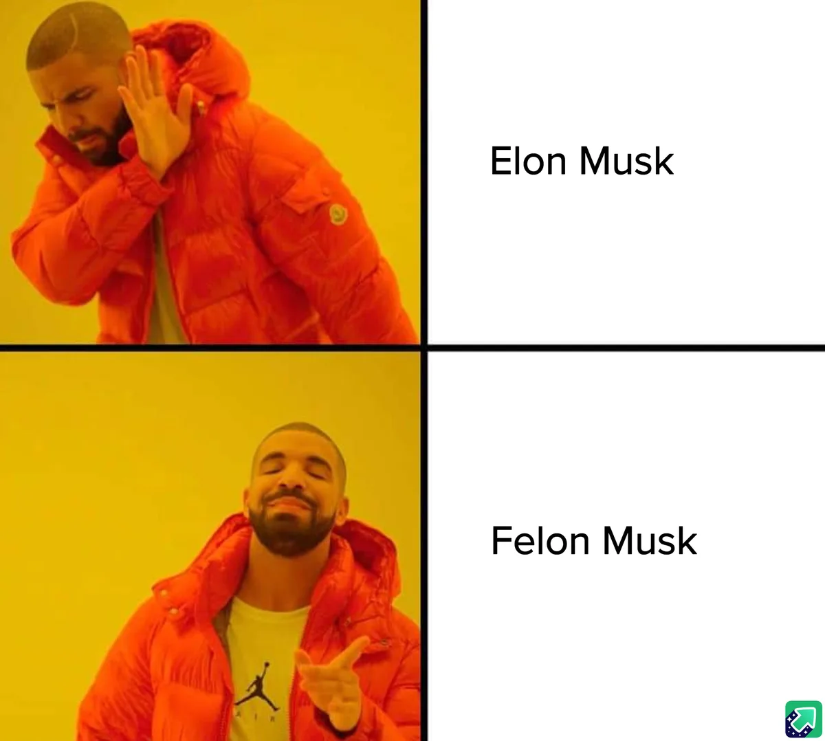 The image is a two-panel meme featuring Drake in an orange puffer jacket. In the top panel, he covers his ears with a…