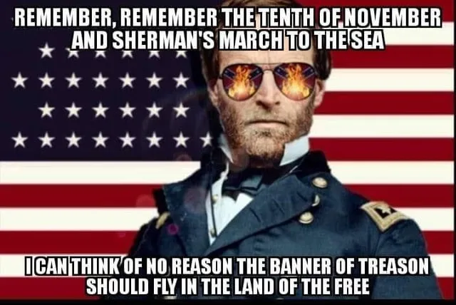 A man in a Union Army uniform with flaming sunglasses stands before an American flag. The text overlaid on the image reads…