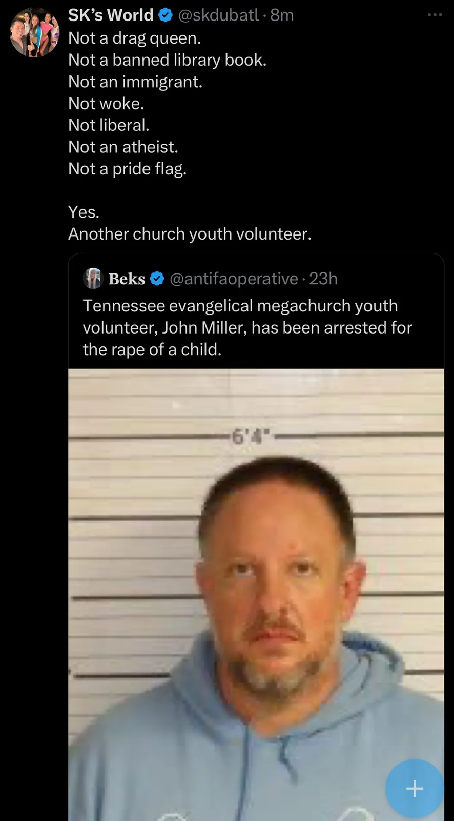 A mugshot of a man in a light blue hoodie stands before a height chart marked '6'4"'. Above the image are two tweets: the…