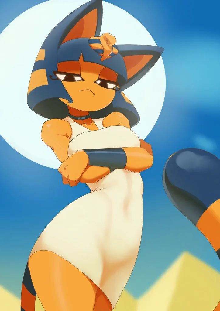 An orange and blue anthropomorphic cat character with a large headdress stands with arms crossed, looking annoyed against a…