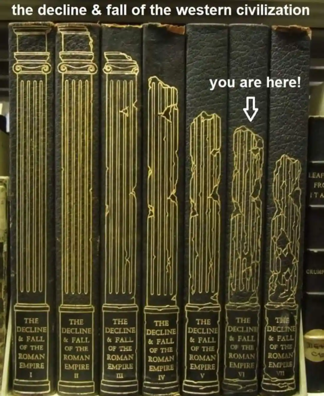 A row of seven black leather-bound books titled 'The Decline & Fall of the Roman Empire' with Roman column designs on their…