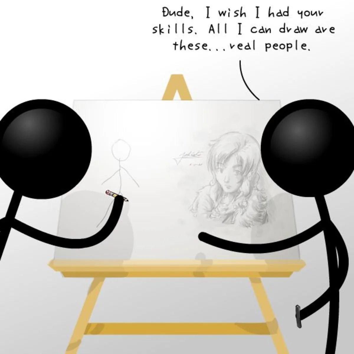 Two black stick figures stand on either side of a yellow easel. The figure on the left holds a pencil and has drawn a simple…
