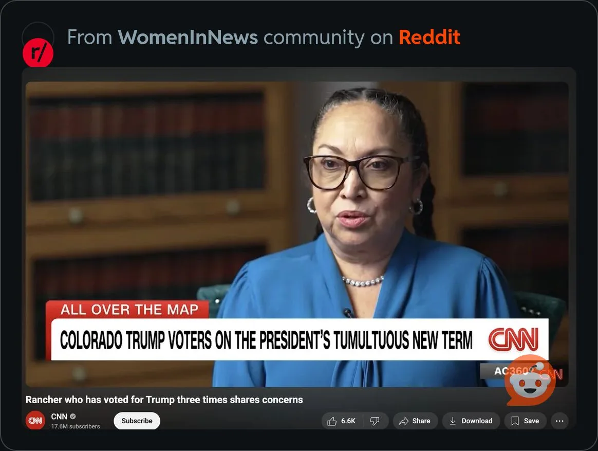 A screenshot of a CNN video from the 'WomenInNews' Reddit community shows a woman in a blue blouse and glasses speaking. The…