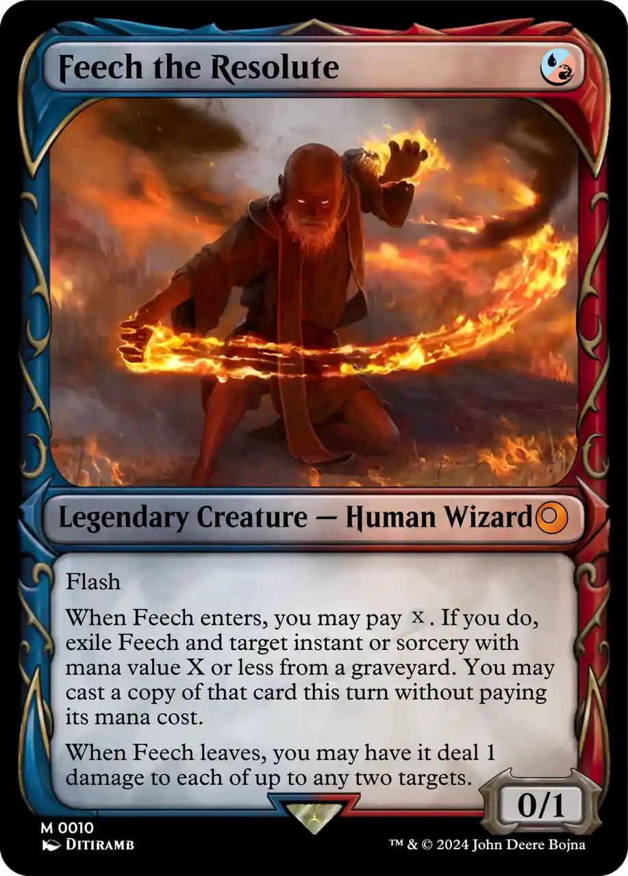 This image displays a Magic: The Gathering-style trading card featuring a bald, bearded human wizard named 'Feech the…
