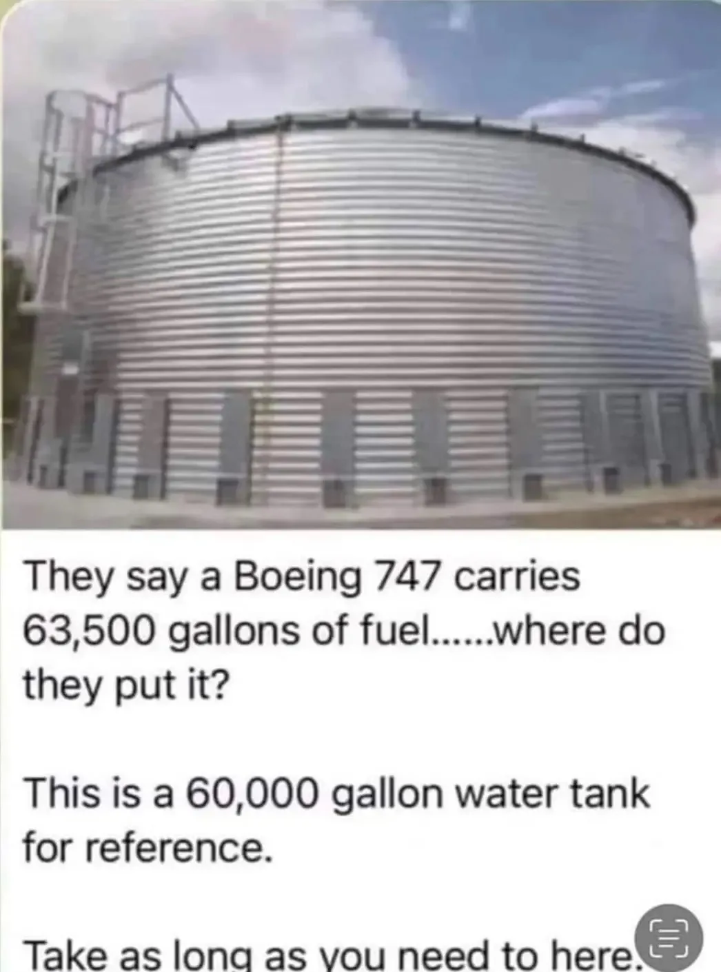 The image shows a large, cylindrical, corrugated metal water tank outdoors under a partly cloudy sky. Overlaid text poses a…