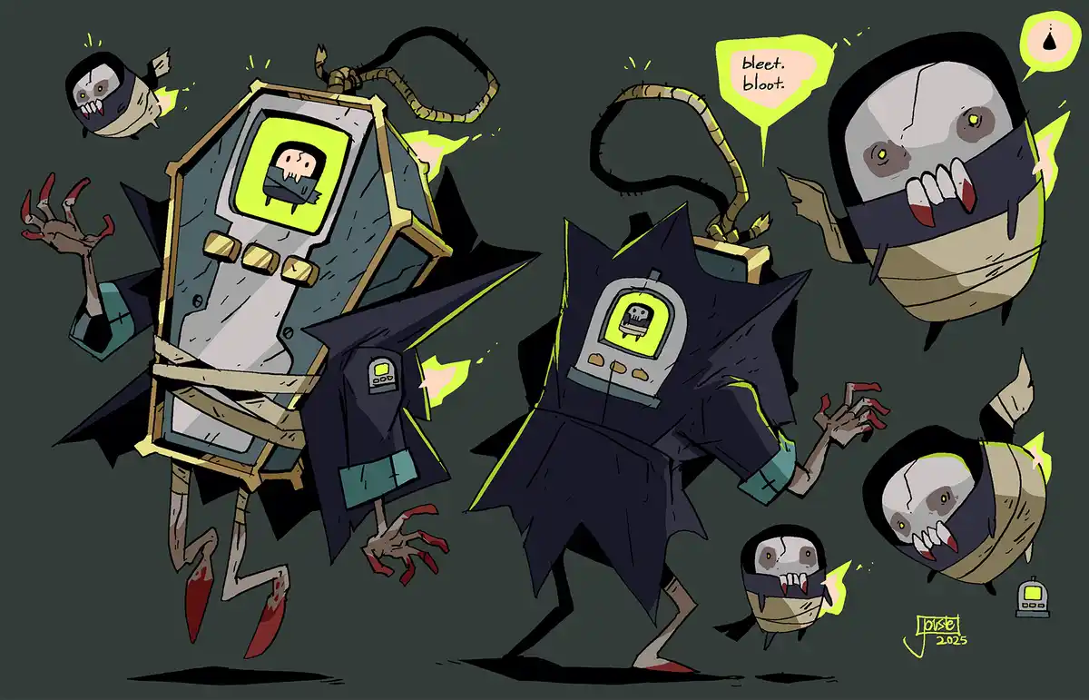 A character design sheet shows a cartoonish, skeletal creature with glowing green eyes and a bandaged face, wearing a…