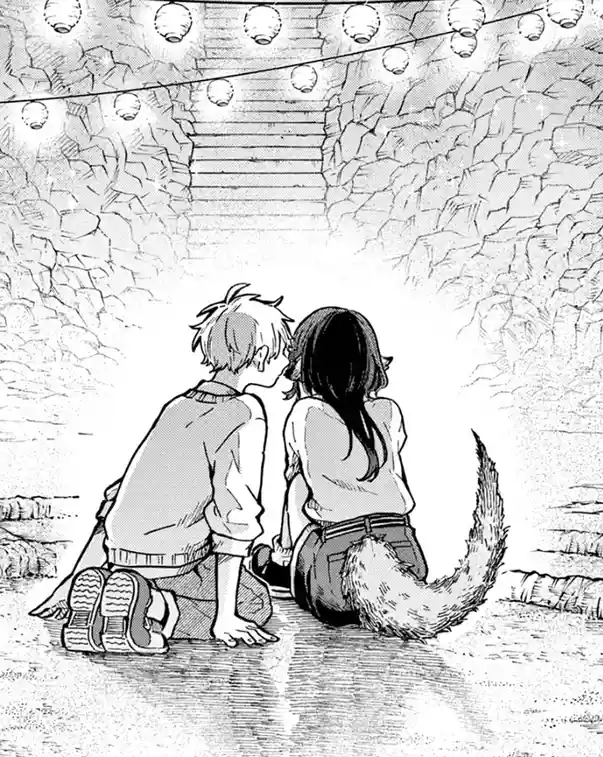 Two anime-style characters, a boy and a girl with a fox tail, are seen from behind sitting on the ground and kissing. Above…