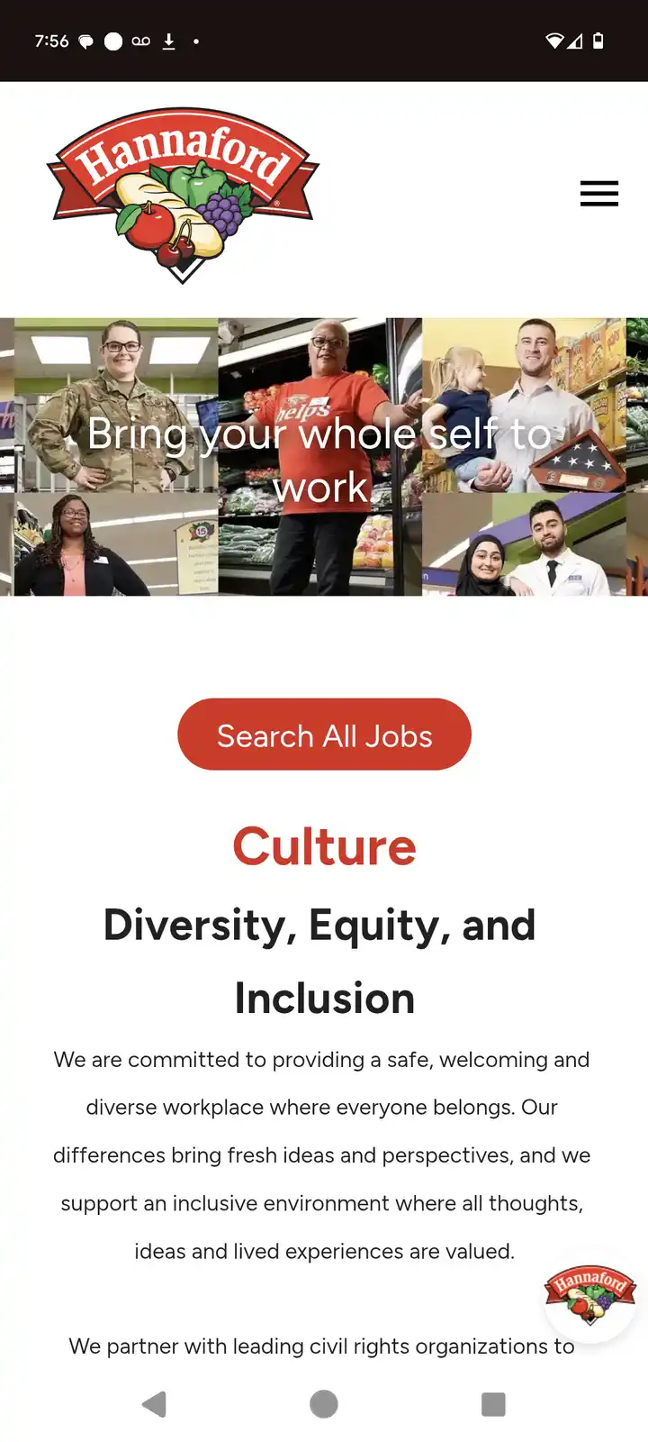 A screenshot of the Hannaford grocery store careers page showing a collage of diverse employees including a woman in…