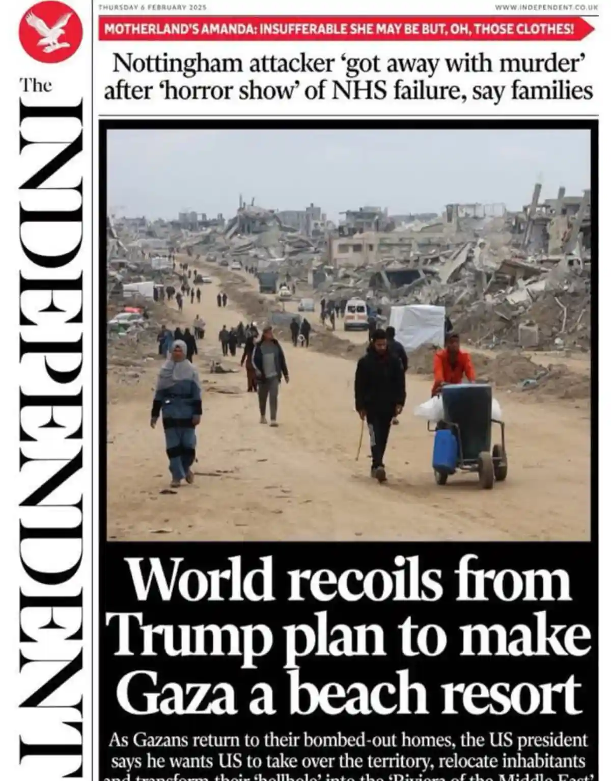 The image is a satirical newspaper front page from 'The Independent' dated February 6, 2025, featuring a photo of people…