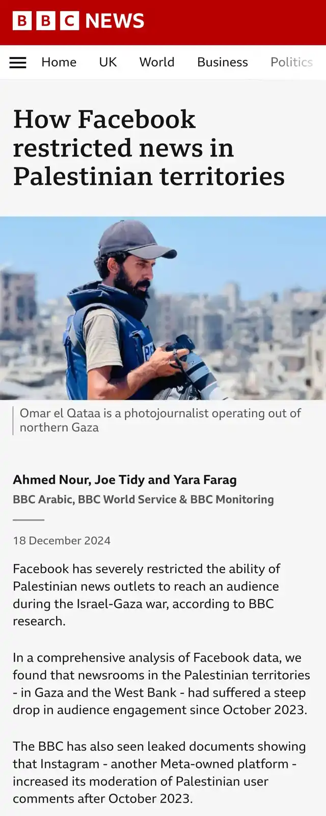 A BBC News article screenshot shows a photo of photojournalist Omar el Qataa in Gaza, holding a camera. The headline reads…