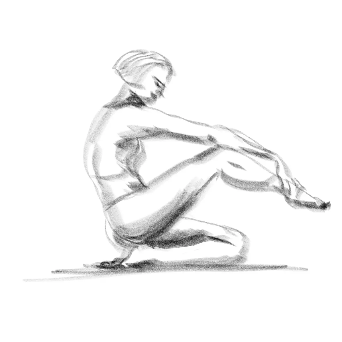 A grayscale sketch depicts a nude human figure in a crouched, seated position with one knee on the ground and the other leg…