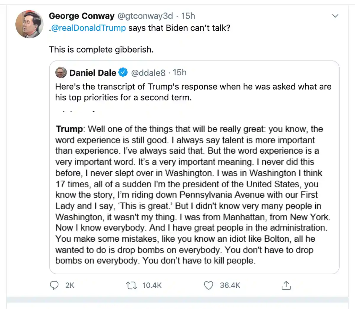 A screenshot of a Twitter thread where George Conway replies to a tweet from Daniel Dale. Dale's tweet includes a transcript…