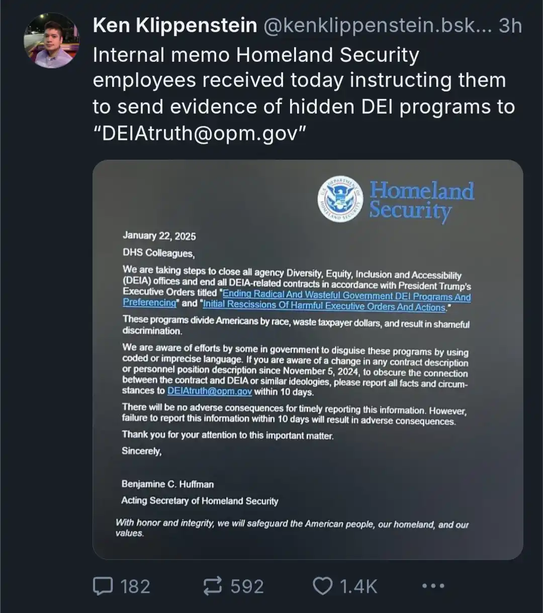 A screenshot of a tweet by Ken Klippenstein shows a mock internal memo from the Department of Homeland Security dated…