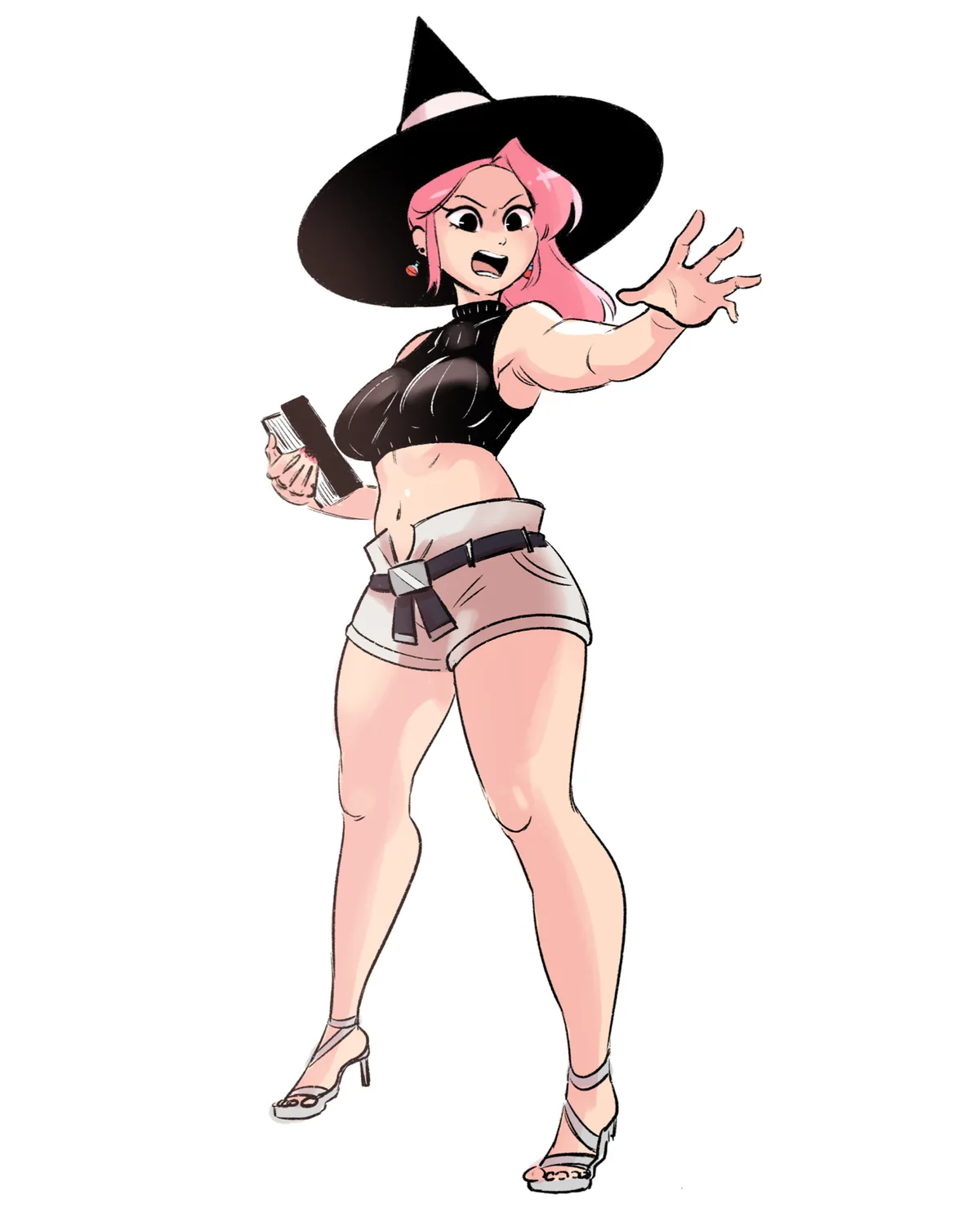 An anime-style illustration of a pink-haired woman wearing a black witch's hat, a black crop top, and light-colored shorts…