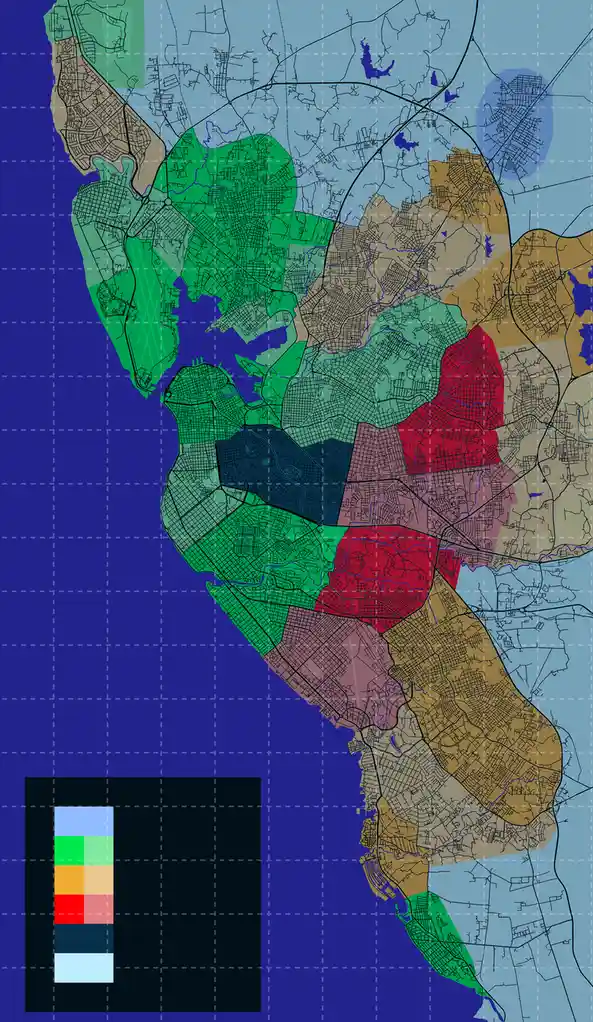 a map of california is color-coded with various shades of green, red, blue, and brown, overlaid with a legend in the bottom…