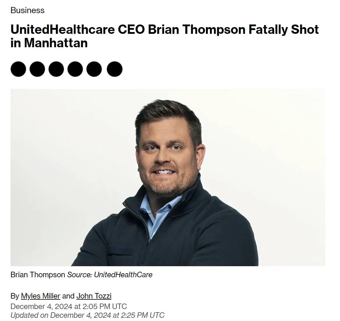 A screenshot of a news article header showing a photo of Brian Thompson, CEO of UnitedHealthcare, smiling in a dark zip-up…